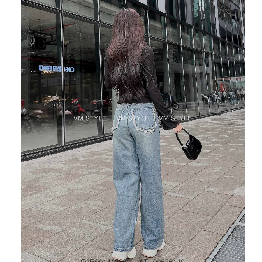 Quần jean nữ VMSTYLE ống rộng trơn lưng cao túi kiểu tua rua lai thường basic 412 - QJR00141
