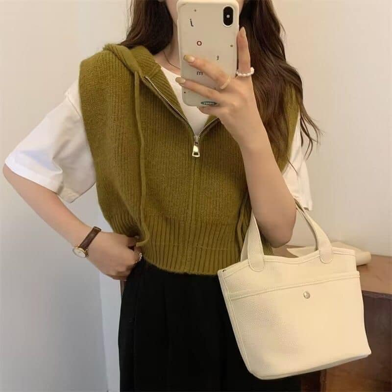 Ghile len nữ lông cừu kéo khóa trước dáng croptop siêu xinh mix chân váy jean hay khoác ngoài hcom154