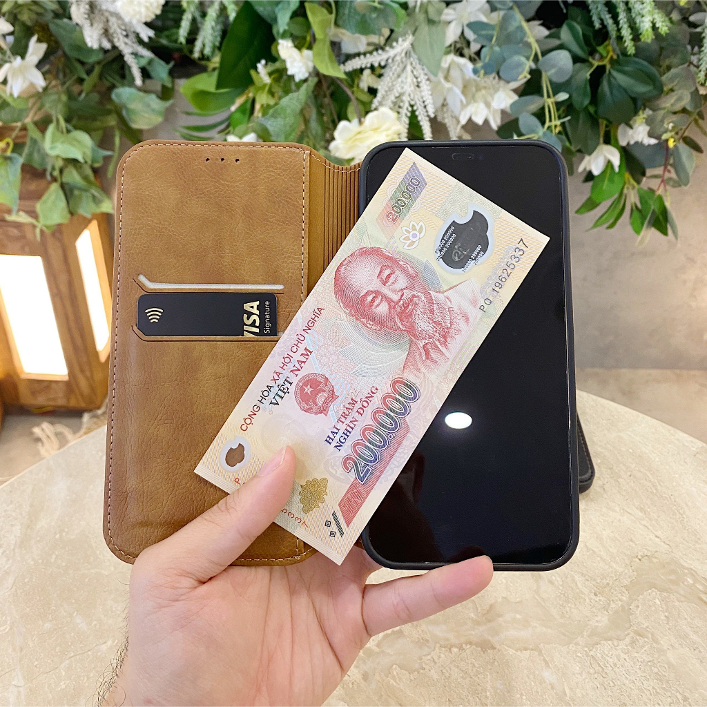 Bao Da Nắp Gập Da Bò Cao Cấp Kiêm Ví Đựng Thẻ Dành Cho iPhone 11/12/13/14/15/Pro/Max/Plus/Promax/Mini