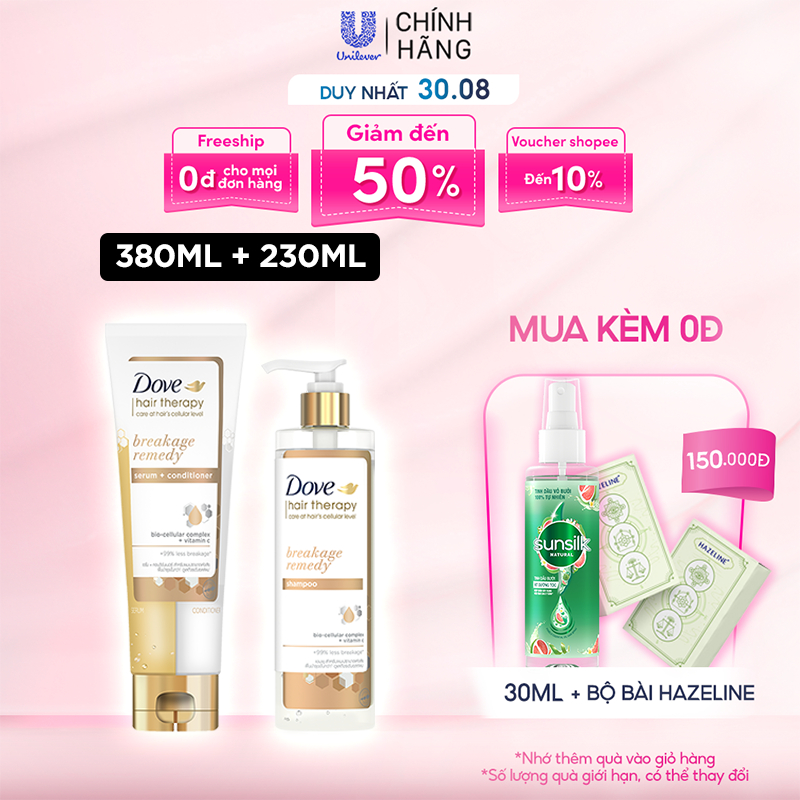 Combo Dầu gội và Kem Xả Serum 2 trong 1 Dove Breakage Remedy Phục hồi và Ngăn gãy rụng 380ml, 230 ml