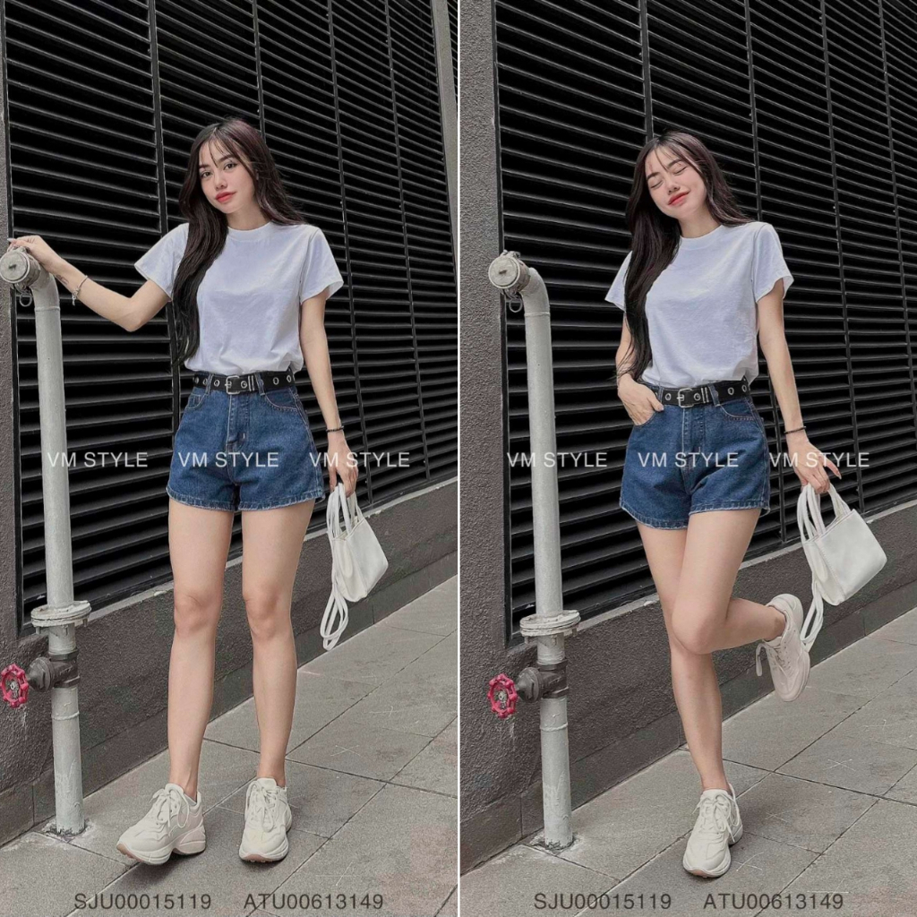 Quần đùi nữ VMSTYLE lưng cao, short jean ngố trơn lai thường - SJU00015