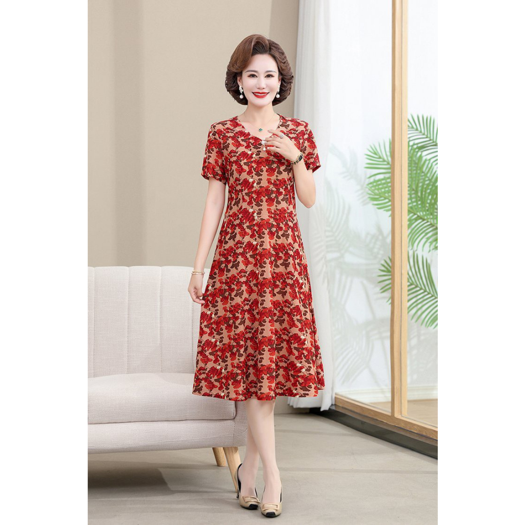 Đầm trung niên mùa hè vải thun co giãn 4 chiều, đầm thời trang cho mẹ, đầm mặc nhà