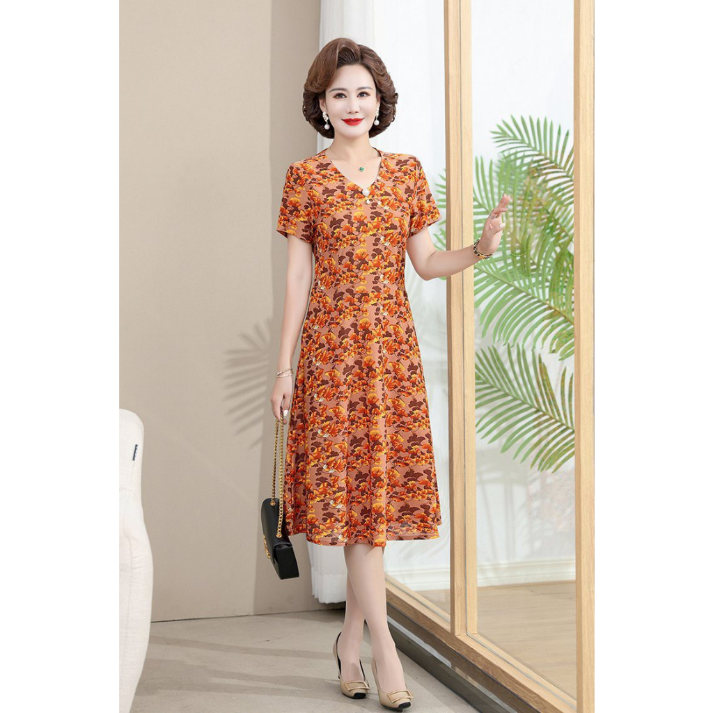 Đầm trung niên mùa hè vải thun co giãn 4 chiều, đầm thời trang cho mẹ, đầm mặc nhà