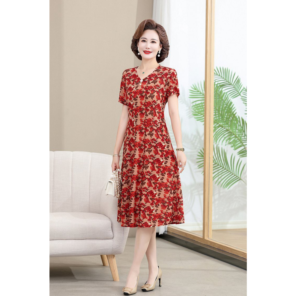 Đầm trung niên mùa hè vải thun co giãn 4 chiều, đầm thời trang cho mẹ, đầm mặc nhà