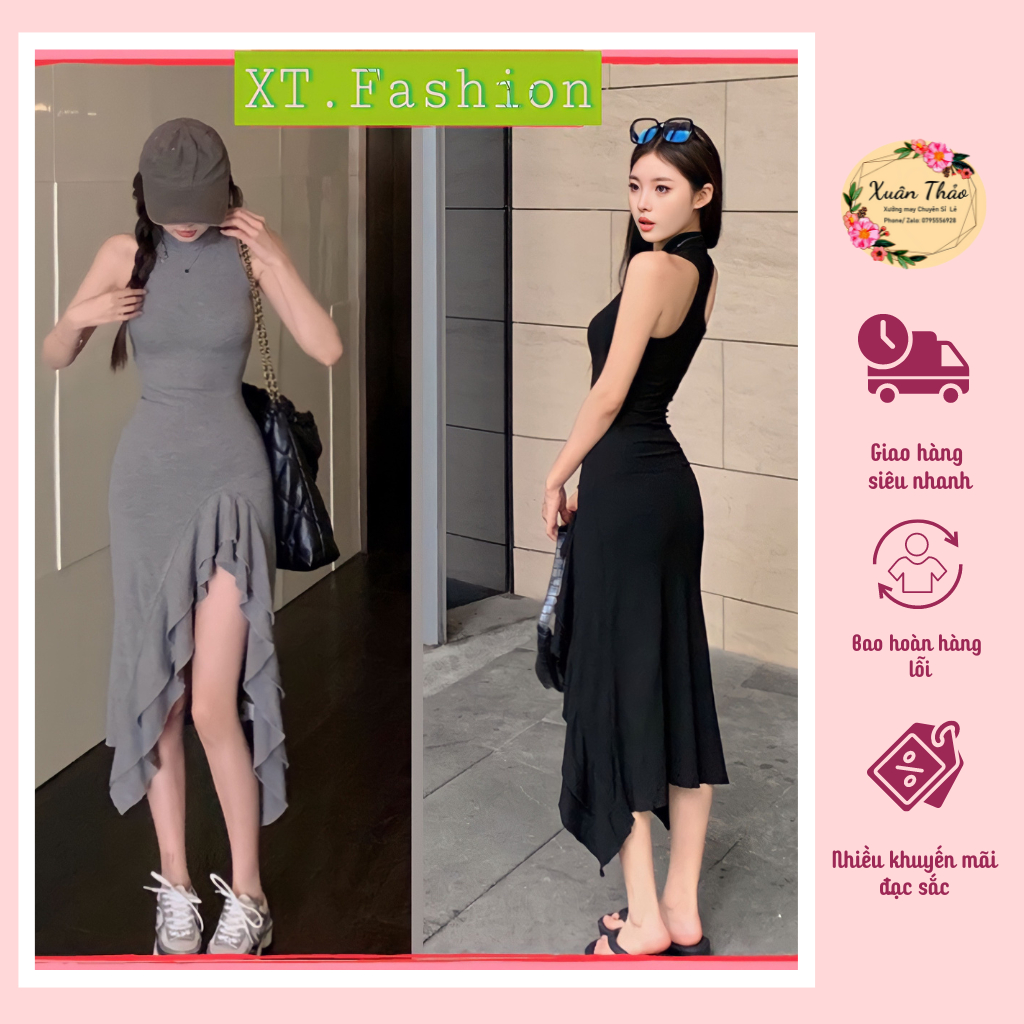 Đầm Body Xẻ Đùi Phối Bèo Len Tăm Dáng Dài, Váy Maxi Ôm Body Sexy Len Tăm Thiết Kế Dự Tiệc Dạo Phố - XT Fashion