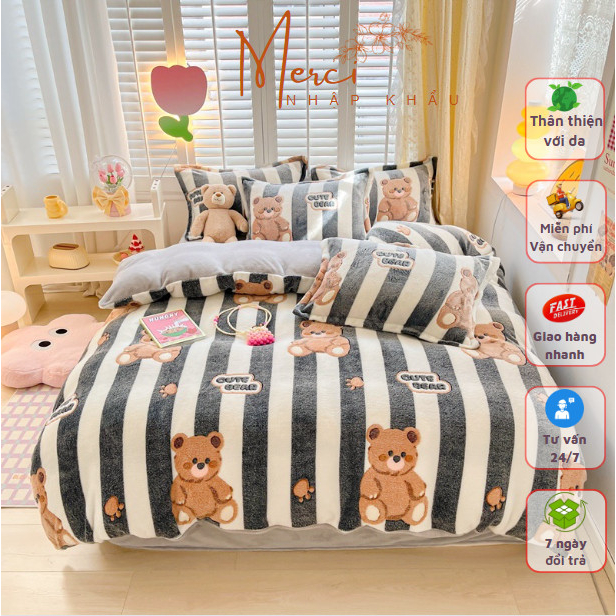 Bộ chăn ga gối nỉ nhung mùa đông thương hiệu cao cấp, chất lì mịn, không rụng lông by Merci