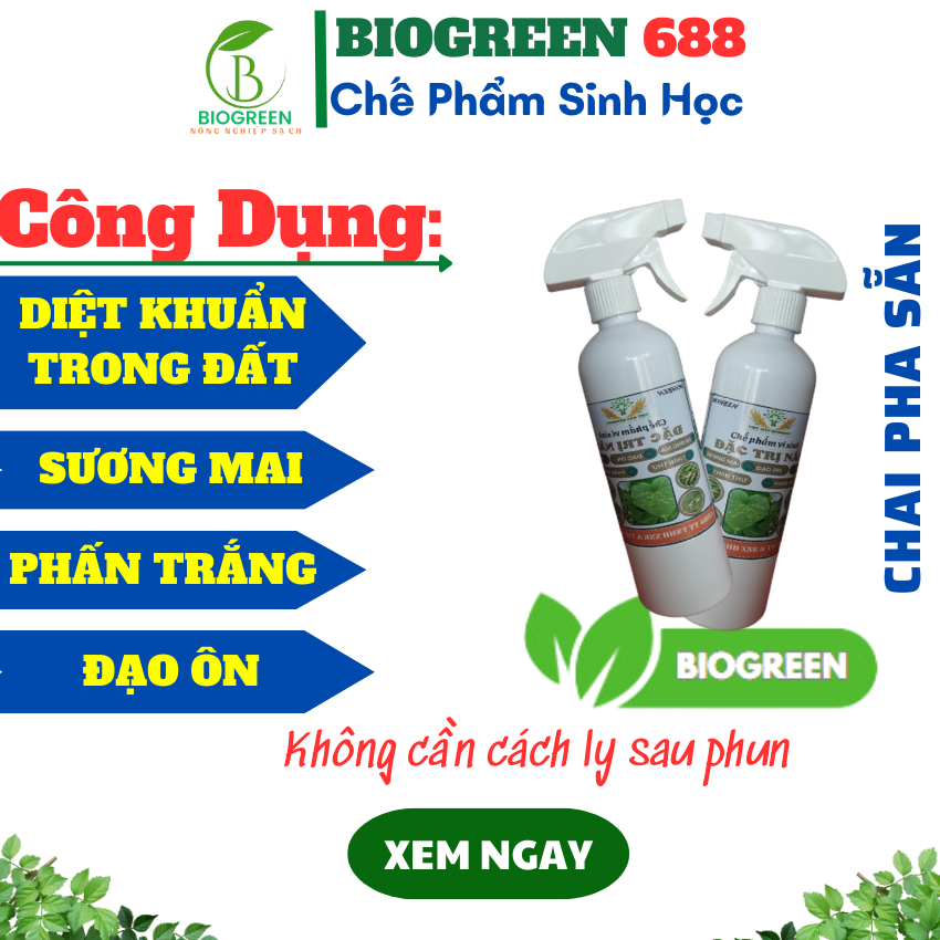 Chai pha sẵn chế phẩm sinh học trừ nấm bệnh biogreen 688 cho hoa hồng, hoa lan, sen đá, mai vàng, sầu riêng,cà chua