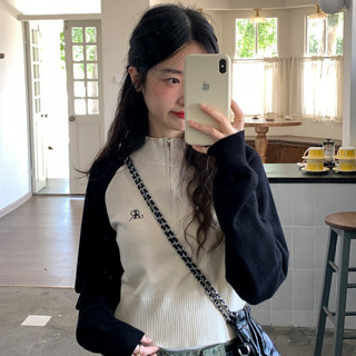 [ẢNH THẬT] SẴN Áo len mỏng Ralgan hai màu dài tay dáng ngắn croptop bo gấu có khoá kéo dệt kim thích hợp mùa thu in logo