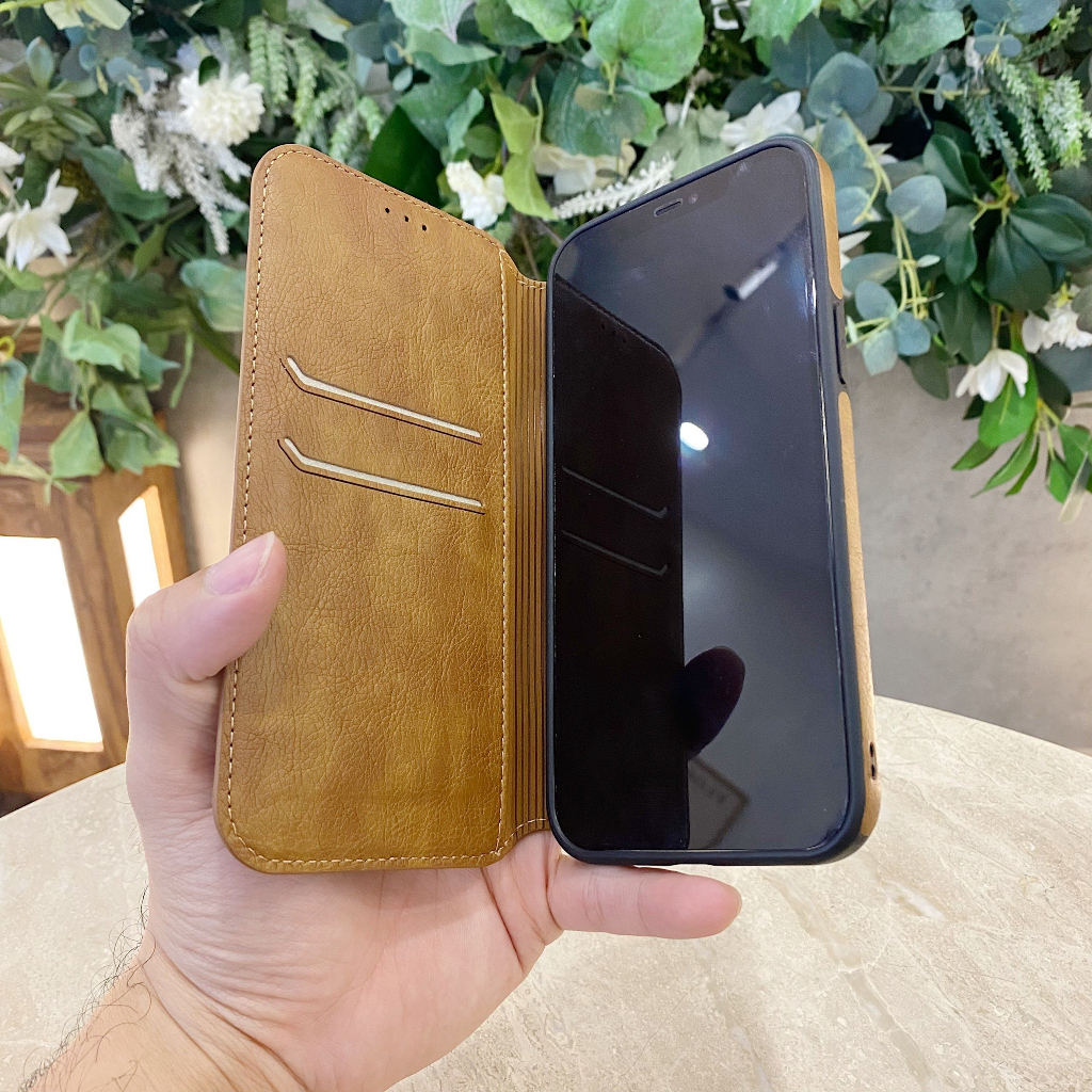 Bao Da Nắp Gập Da Bò Cao Cấp Kiêm Ví Đựng Thẻ Dành Cho iPhone 11/12/13/14/15/Pro/Max/Plus/Promax/Mini