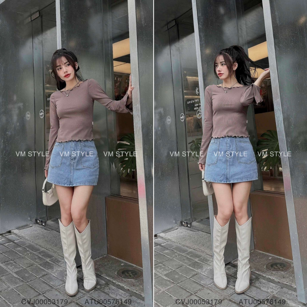 Áo kiểu tay dài nữ VMSTYLE form ôm ống tay loe trễ vai lai cuốn biên trơn đi học, đi chơi ATU00576