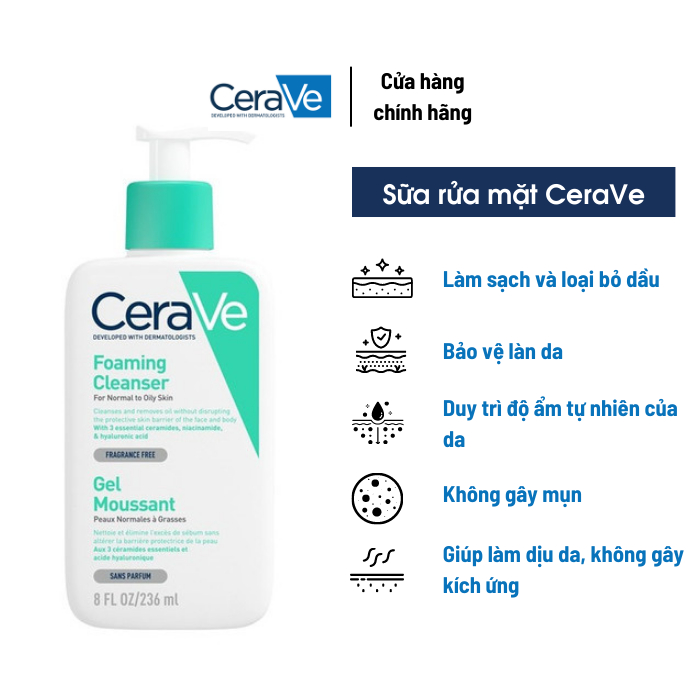 Sữa rửa mặt CERAVE 236ML, da dầu, da mụn, da khô, mọi loại da, làm sáng da, duy trì độ ẩm, không ngây mụn[Chuẩn Auth]