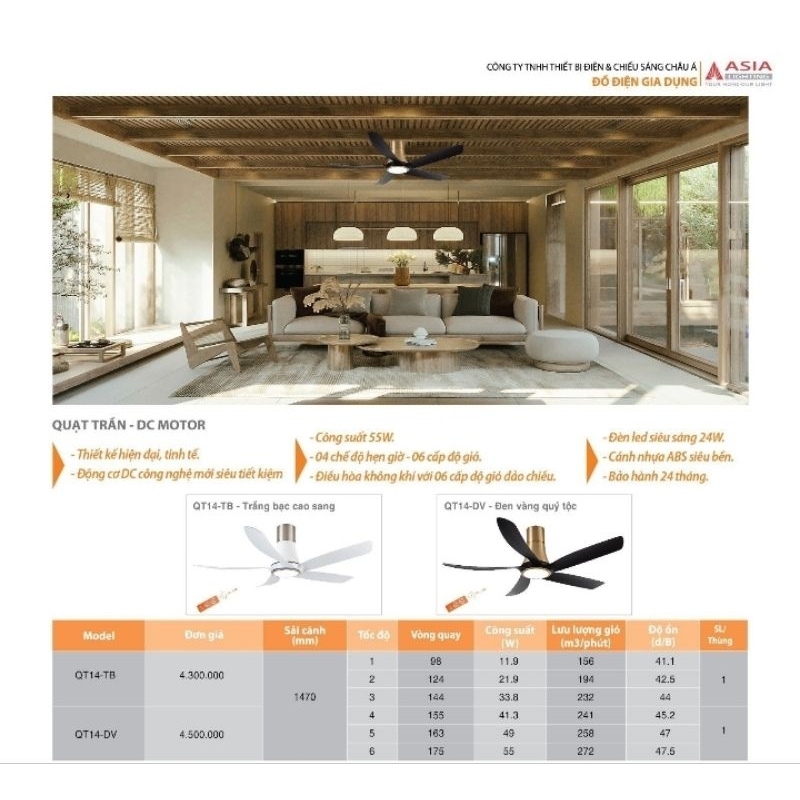 Quạt trần ASIA QT14, 5 cánh, có đèn Led, động cơ DC Cao Cấp, bảo hành chính hãng 2 năm