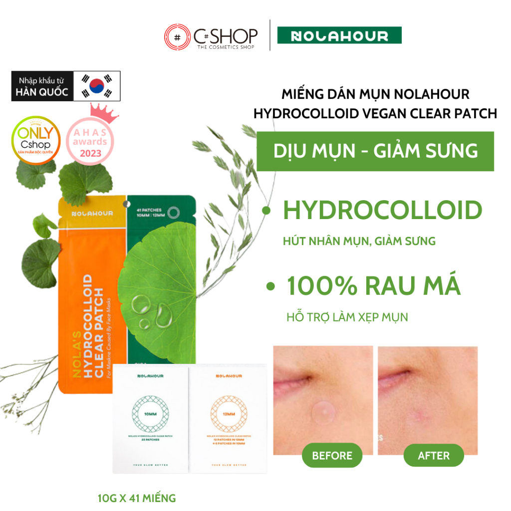 Miếng dán mụn NOLAHOUR Hydrocolloid Vegan Clear Patch giảm sưng, hút nhân mụn (41 Miếngx10g)_Mỹ phẩm Hàn Quốc chính hãng