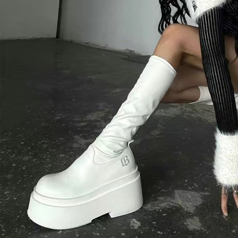 Giày Bốt Trắng KHÔNG KHOÁ CHẤT MỎNG MỀM chữ B đế 6cm