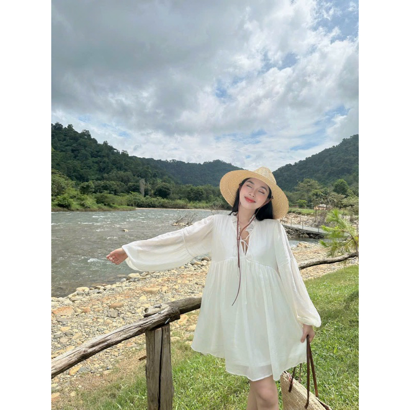 ĐẦM BBD TRẮNG CỔ BÈO TAY BÍ - Kèm Ảnh Thật - Hàng Có sẵn