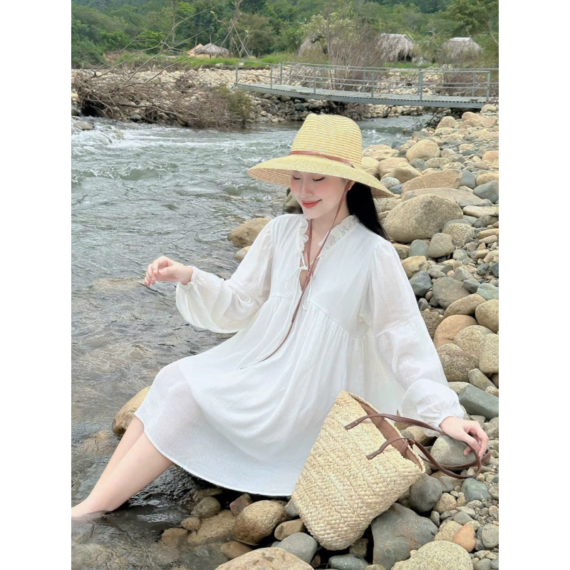 ĐẦM BBD TRẮNG CỔ BÈO TAY BÍ - Kèm Ảnh Thật - Hàng Có sẵn