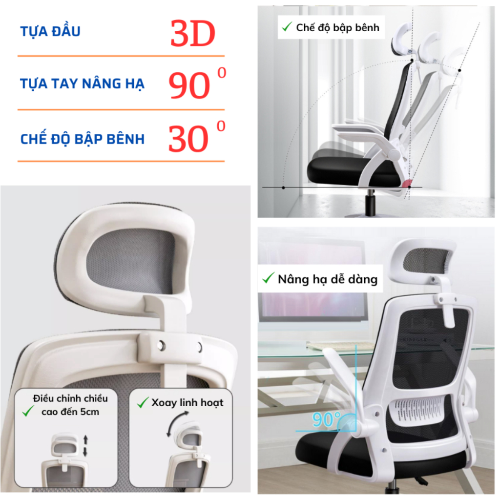 Ghế xoay văn phòng đệm cao su cao cấp, lưng lưới thoáng mát, có tựa đầu, Ghế FUJIKO mã 402 K001