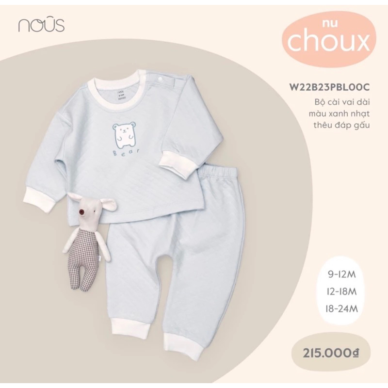 Bộ cài vai dài Nous đáp gấu 2 màu chật Nu Velours cho bé 9-18M