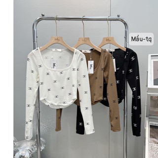 Áo thun body in logo CN Croptop tay dài phối, Áo Kiểu nữ croptop vải borip Dáng Ôm Xẻ Phong Cách Hồng Kông 🩸🩸🩸910