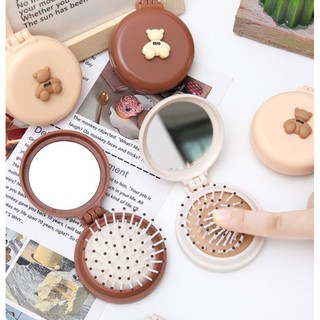 Gương lược mini hình gấu kute, Gương Kèm Lược Gấp Gọn Dễ Thương