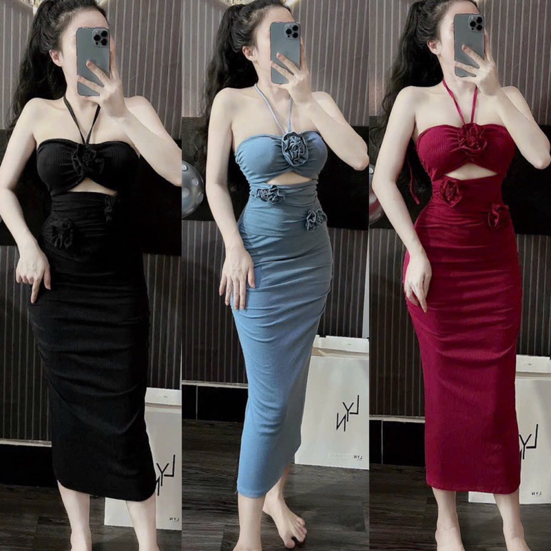 Đầm Maxxi Khoét Eo Đính Hoa Hồng Nổi Cổ Yếm Cúp Nơ Ngực