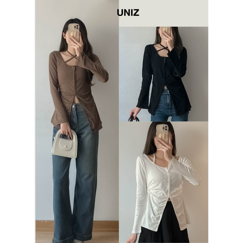 ( Ảnh thật ) Áo thun zip UNIZ dài tay xẻ trước bụng có dây buộc Aothunxebung303/P7K4