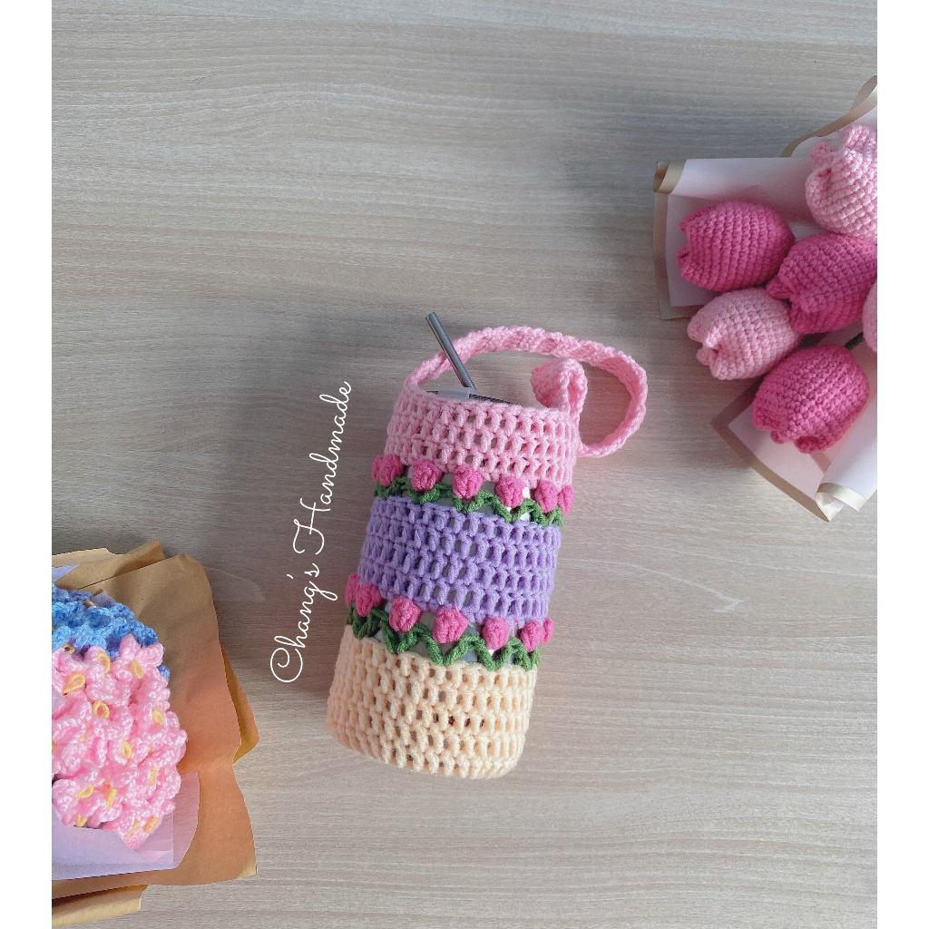 Túi đựng bình giữ nhiệt hoa tulip bằng len handmade ~600ml(Hàng order 7 ngày)