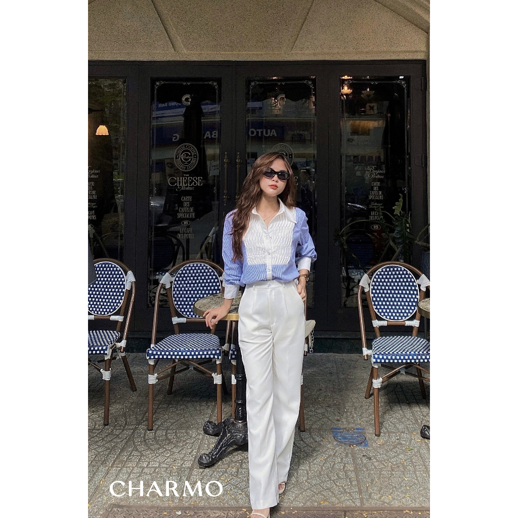 Áo sơ mi CHARMO vải kate silk mỹ mềm mịn mát ít nhăn thấm hút mồ hôi tốt freesize Pleated Striped Shirt