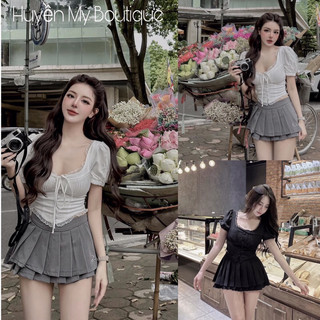 Sét áo croptop phối ren nơ mix chân váy xếp ly ngắn mpb