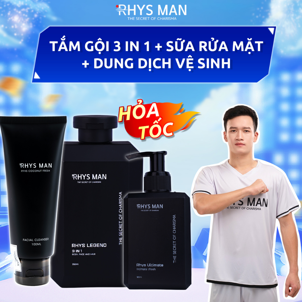 3 Chai Lẻ - Sữa tắm gội nam 3in1 350 ml & Sữa rửa mặt nam 100ml & Dung dịch vệ sinh nam 120ml RHYSMAN