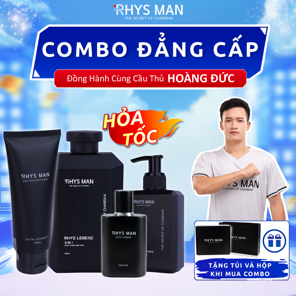 Bộ quà tặng Sữa tắm gội nam 3in1 & Sữa rửa mặt nam & Dung dịch vệ sinh & Nước hoa nam RHYS MAN