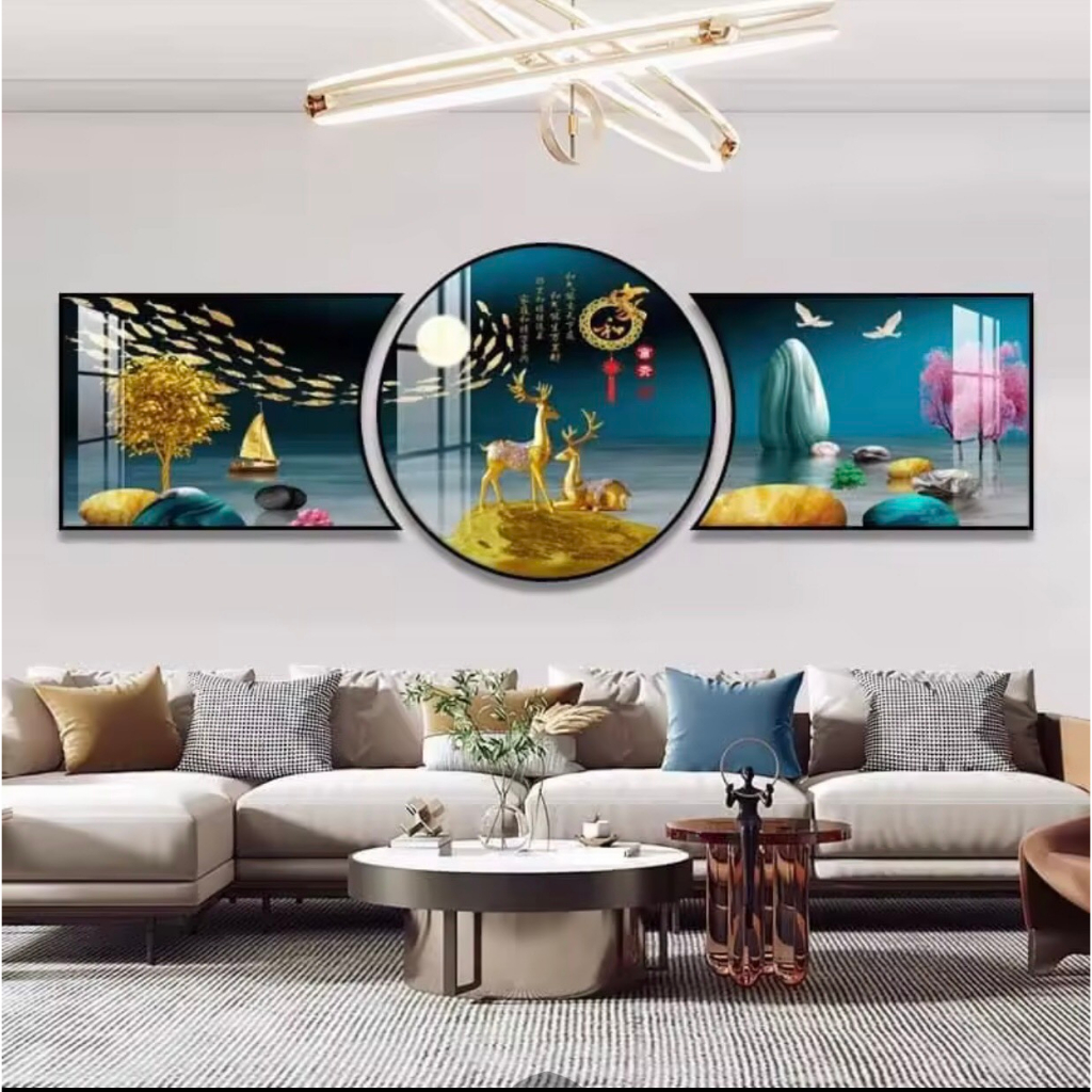 Mẫu mới bộ 3 tấm tranh khuyết treo tường công nghệ Uv tráng gương 5D trang trí phòng khách