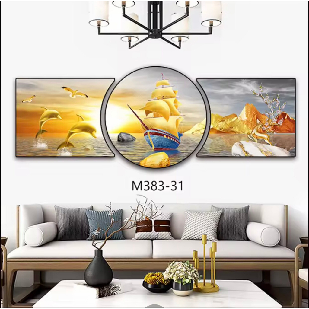 Mẫu mới bộ 3 tấm tranh khuyết treo tường công nghệ Uv tráng gương 5D trang trí phòng khách