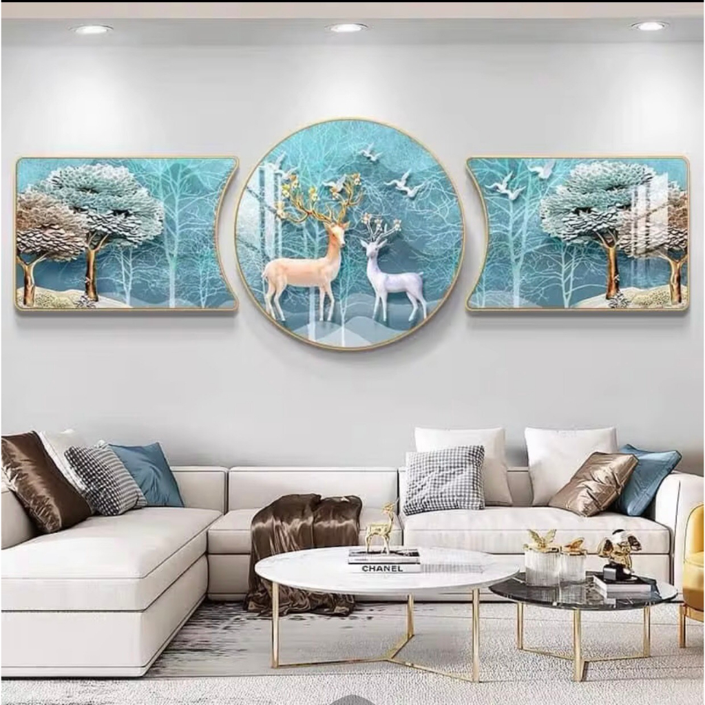 Mẫu mới bộ 3 tấm tranh khuyết treo tường công nghệ Uv tráng gương 5D trang trí phòng khách