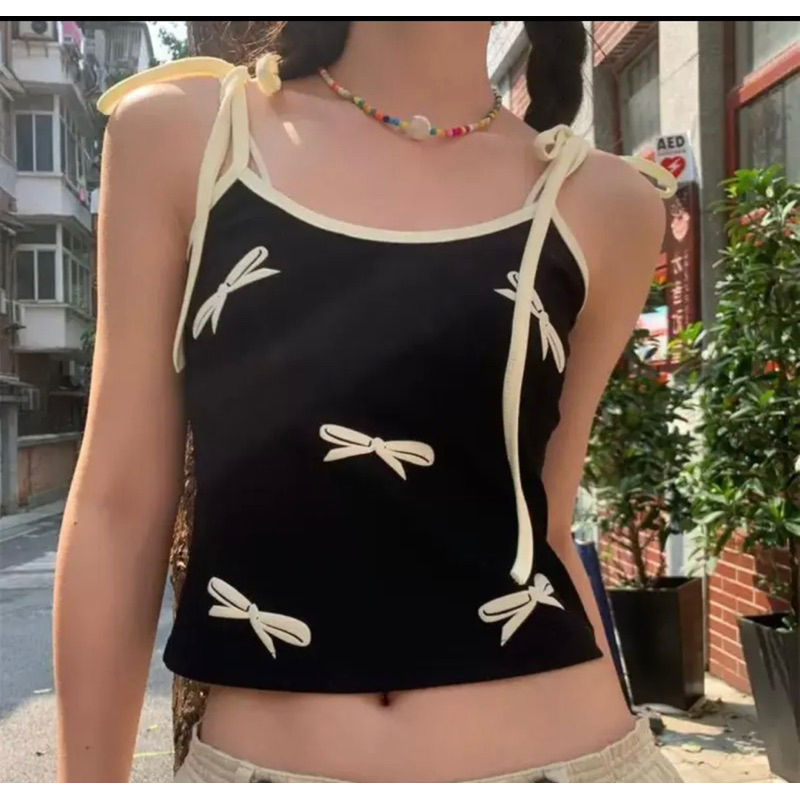 Áo 2 Dây Thắt Nơ Hoạ Tiết Nơ Vải Dày Dặn