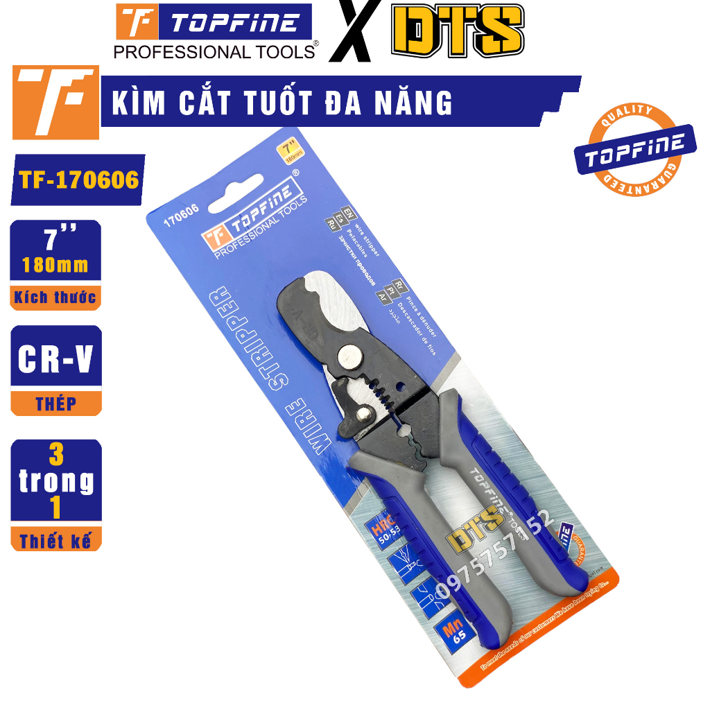 Kìm cắt cáp, cắt dây điện đa năng TOP FINE 3 trong 1 | Kìm tuốt dây điện, bấm cos 180mm thép CR-V siêu bền TF-170606