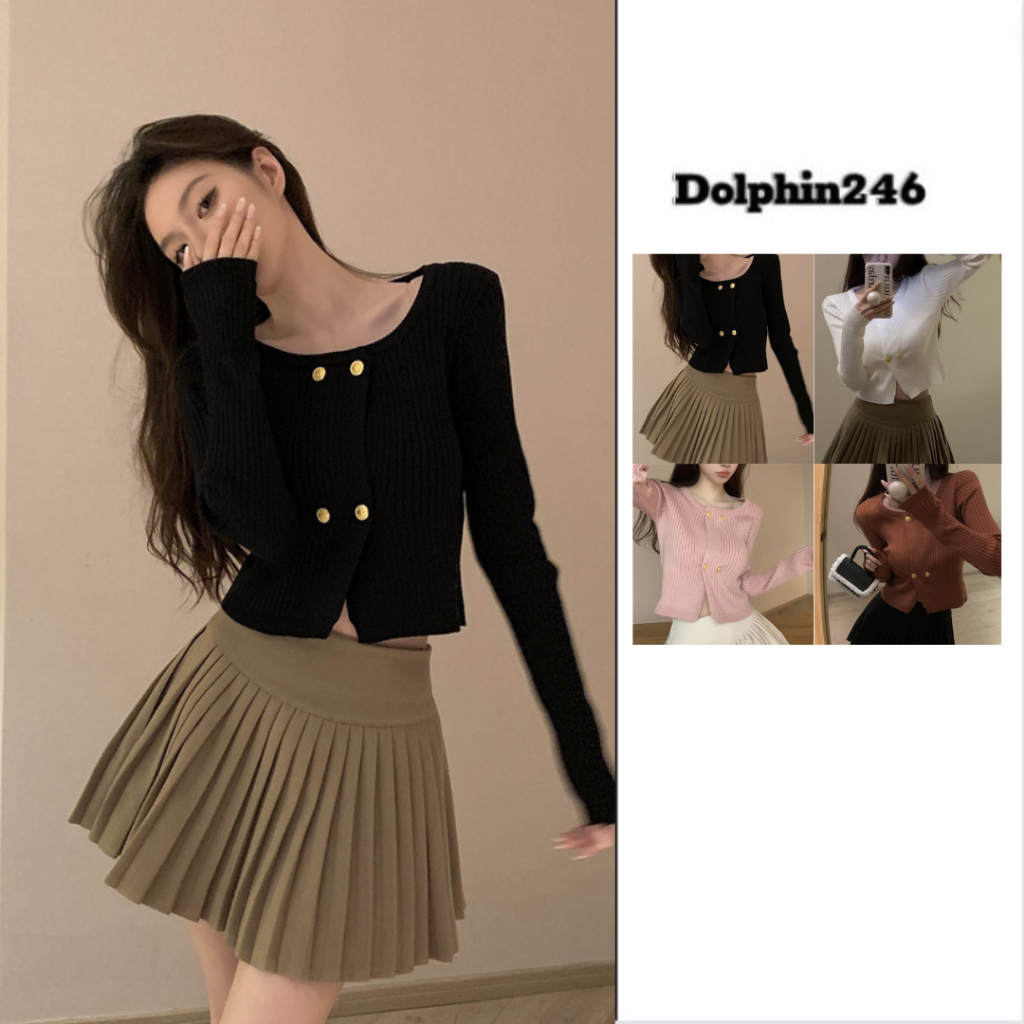 Áo khoác len cardigan cho nữ dài tay đính cúc giữa phong cách Hàn Quốc dáng ngắn croptop hàng Quảng Châu M67 B2-24