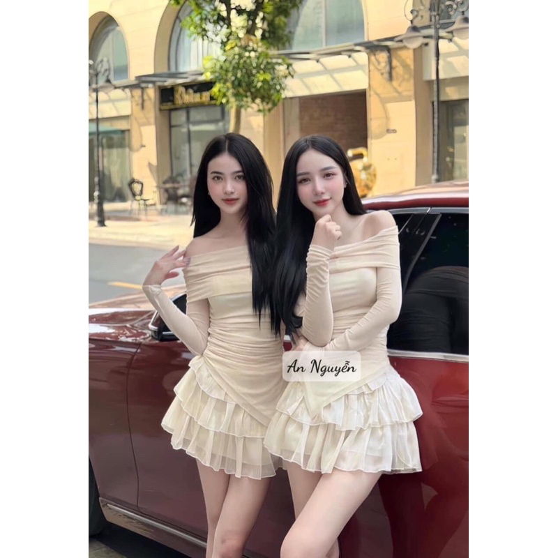 Set Áo Len Giấy Trễ Vai Body Mix Chân Váy Tơ Tầng Hàng 2 Lớp