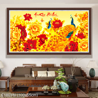 Tranh đính đá con công Phú quý bình an 113*55cm - tự đính