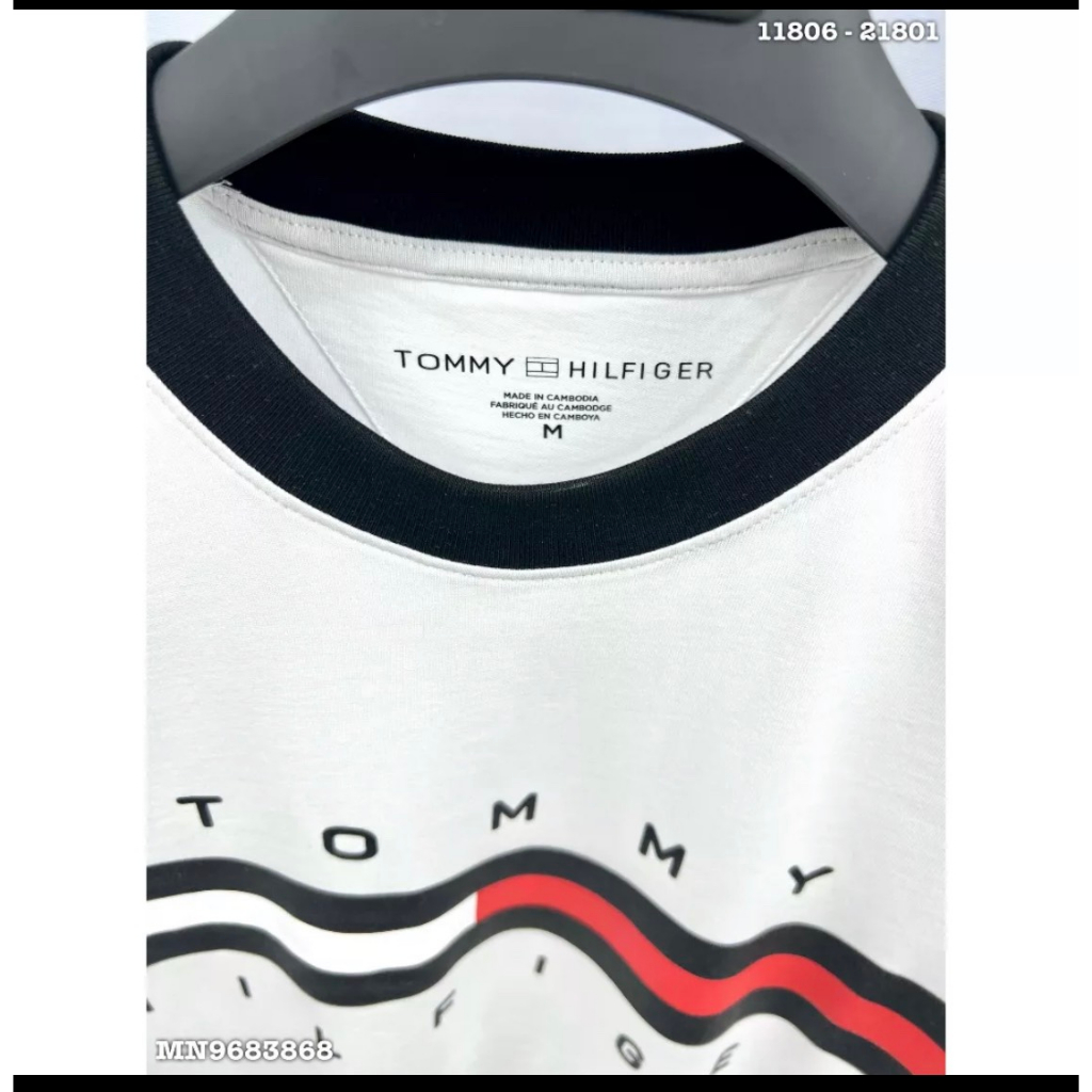 Áo Phông Tommy Thêu Chất Cotton Co Dãn 4 Chiều -Áo Phông Tommy Thêu Sọc Trắng Đỏ Cổ Bo Viền