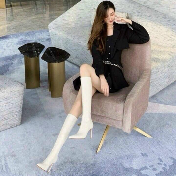 Bốt Đùi Dưới Gối Da Bóng Và Da Lì Gót Nhọn 8cm Khóa Sườn Lót Nỉ  2 Màu Đen Trắng Kem Mã P61 Shop Phương Nhi