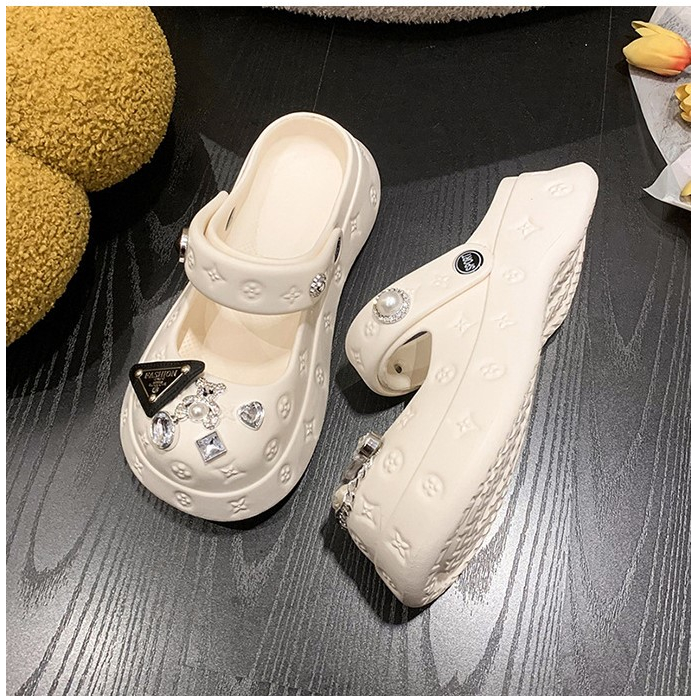 Dép nữ búp bê  Mary Jane Dép Cross đế cao 3cm, charm đá gấu lấp lánh, dép bánh mì cute