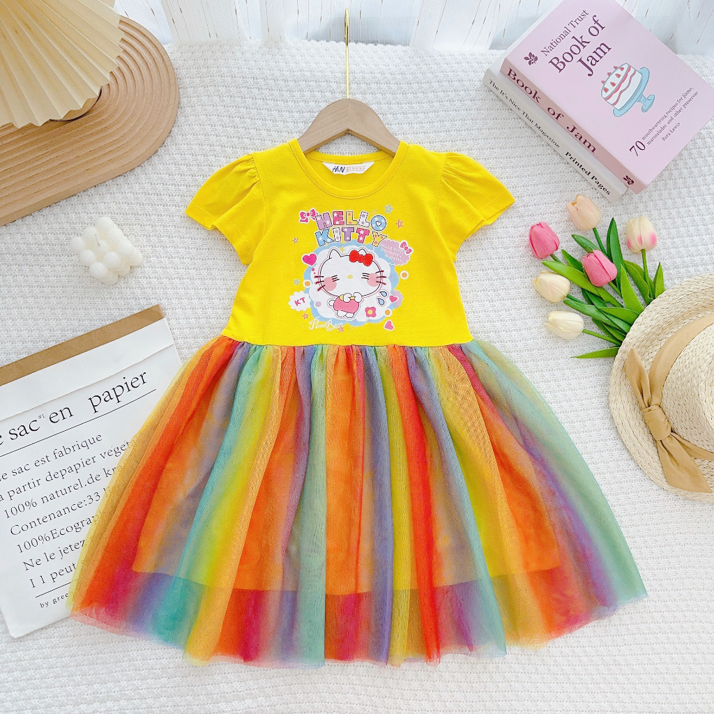 Đầm bé gái công chúa dáng xòe điệu đà vải thun cotton mềm mại, hình in mèo hello kitty dễ thương bé 15-45kg  | S&B KIDS