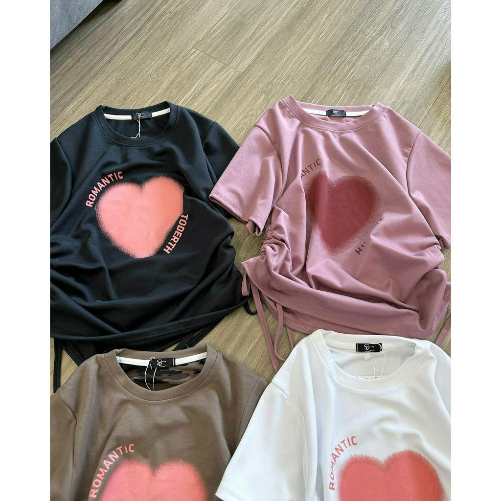 Áo baby tee nữ có dây rút họa tiết trái tim chất liệu cotton co giãn phong cách năng động