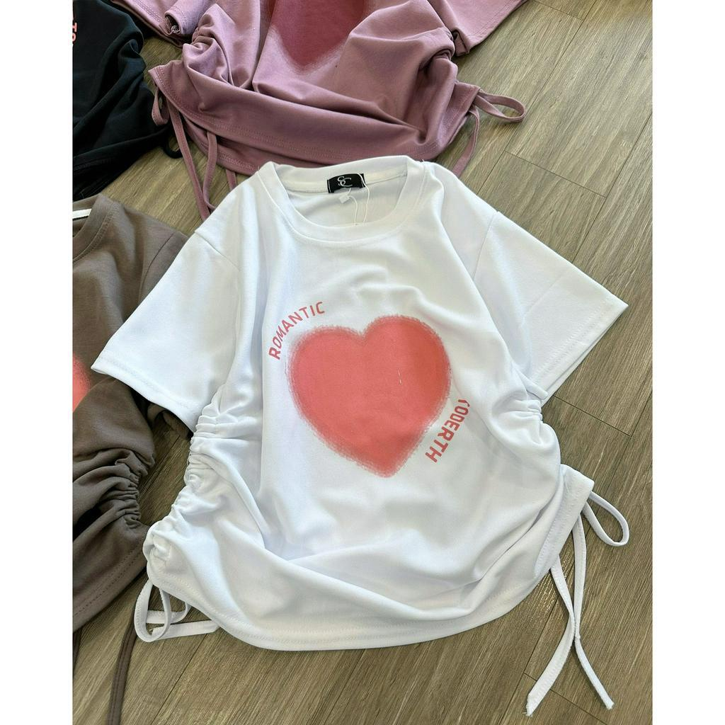 Áo baby tee nữ có dây rút họa tiết trái tim chất liệu cotton co giãn phong cách năng động