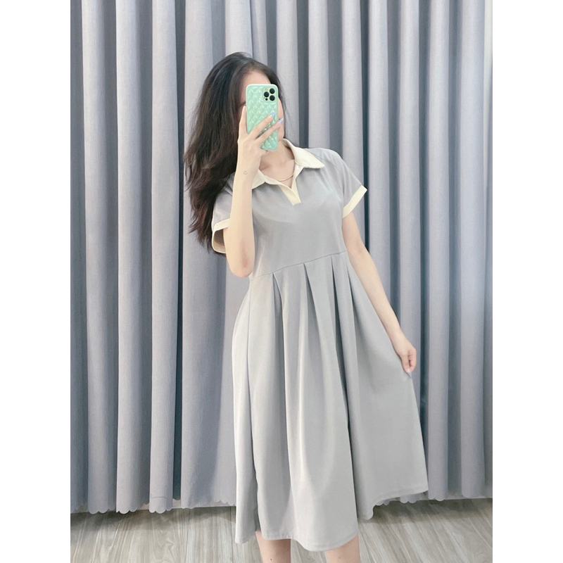 V1 váy thun tổ ong cổ polo babydoll dáng ngắn