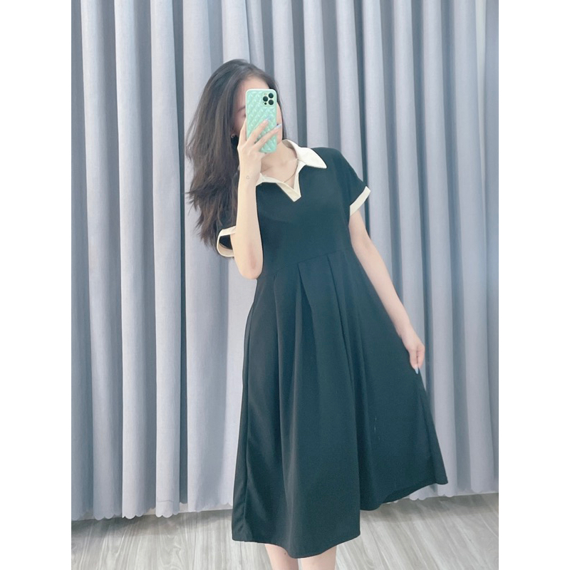 V1 váy thun tổ ong cổ polo babydoll dáng ngắn