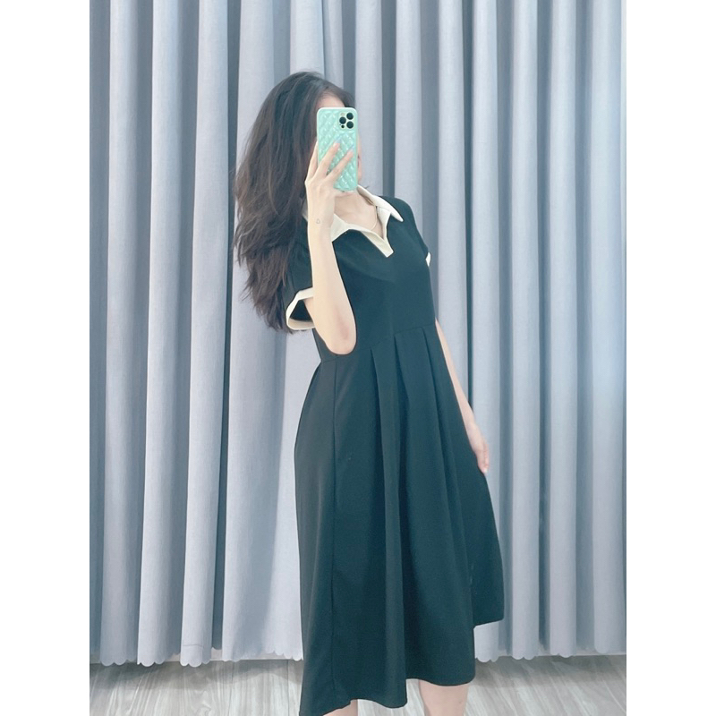 V1 váy thun tổ ong cổ polo babydoll dáng ngắn