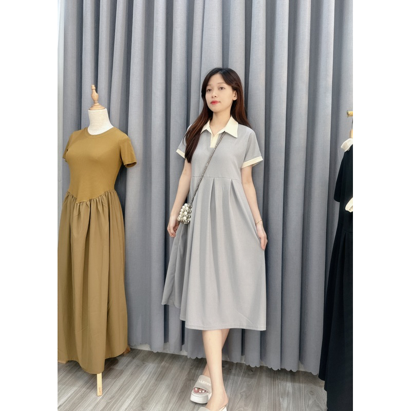 V1 váy thun tổ ong cổ polo babydoll dáng ngắn