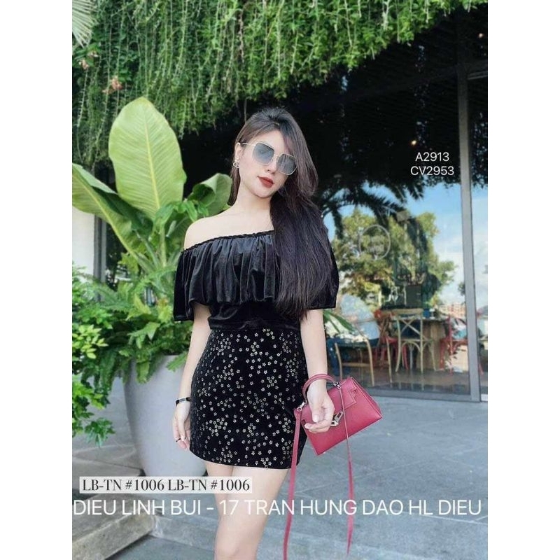 Chân váy nhung hoa hàng QC